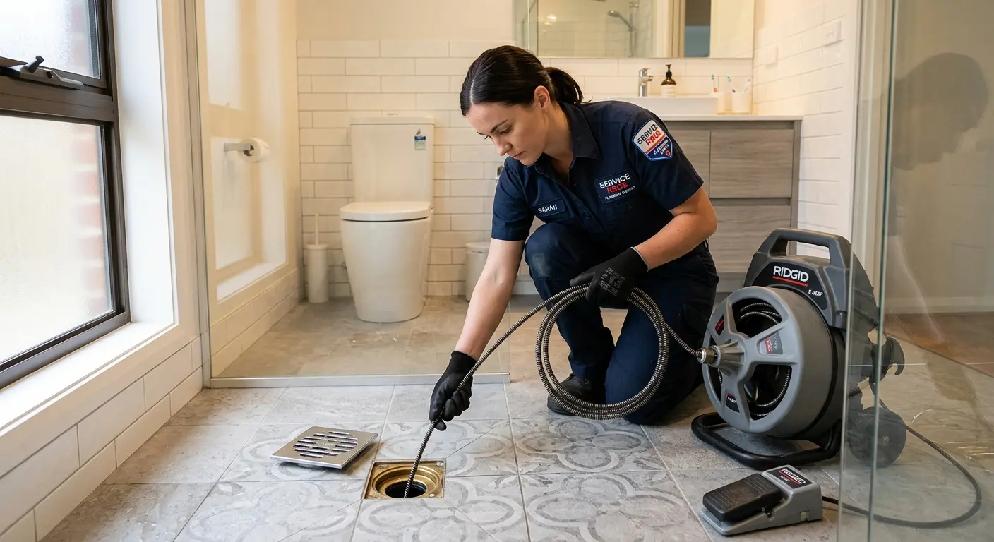 Technician clearing a bathroom floor drain for Drain Cleaning in Elizabethton